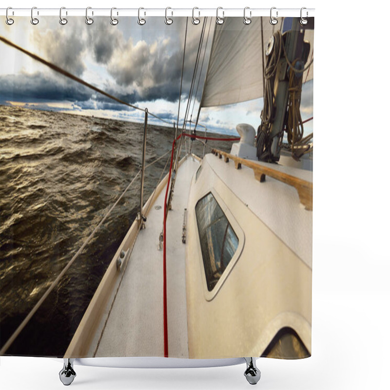 Personality  Yacht Sailing In An Open Sea At Sunset. Close-up View From The Deck To The Bow, Mast And Sails. Dramatic Stormy Sky, Dark Clouds, Winter Cyclone, Rough Weather. Epic Seascape. North Sea, Norway Shower Curtains