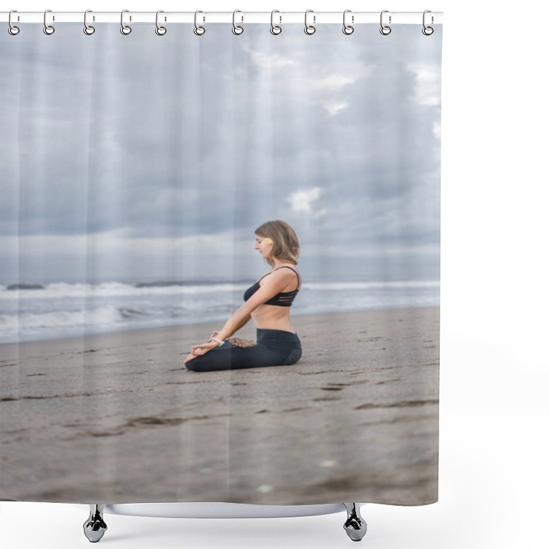 Personality  Side View Of Beautiful Young Woman Practicing Yoga In Lotus Pose And Meditating On Seashore Shower Curtains