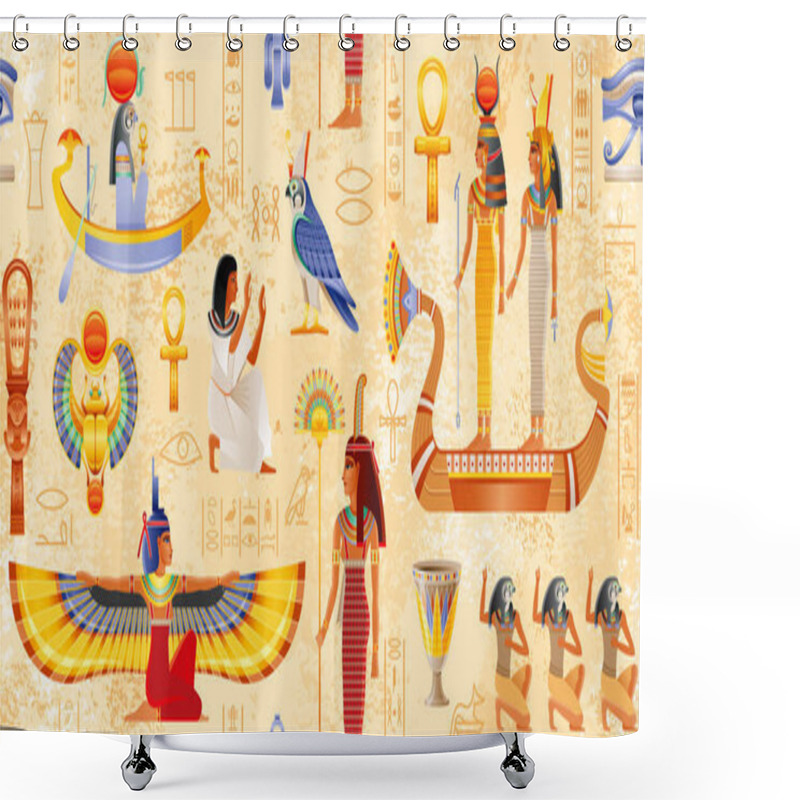 Personality  Egyptian Vector Papyrus With Pharaoh Element: Ankh, Scarab, Sun. Ancient Historical Art. Egypt Mythology Seamless Pattern. Queen Goddess Set. Isis With Wings, Hathor Nefertiti In Boat, Maat With Fan Shower Curtains