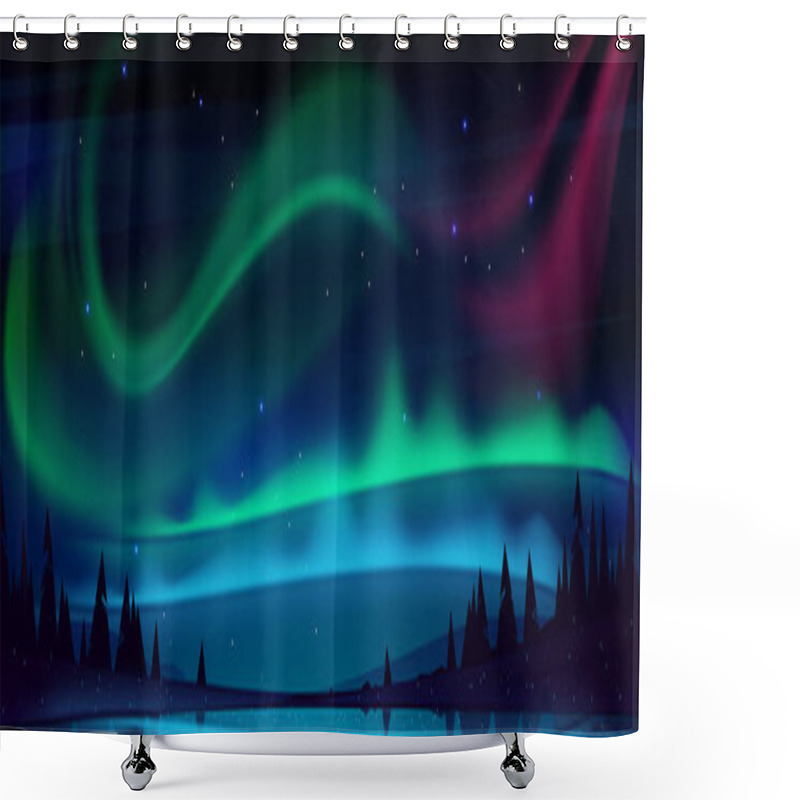 Personality  Arctic Aurora Borealis Over Night Lake In Sky Shower Curtains