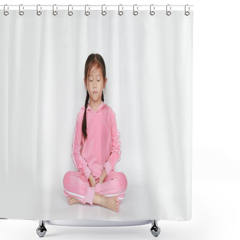 Personality  Portrait Of Beautiful Little Asian Child Girl In Pink Tracksuit Or Sport Cloth Sit In Meditation And Peace Stance Over White Background. Peaceful Concept. Shower Curtains