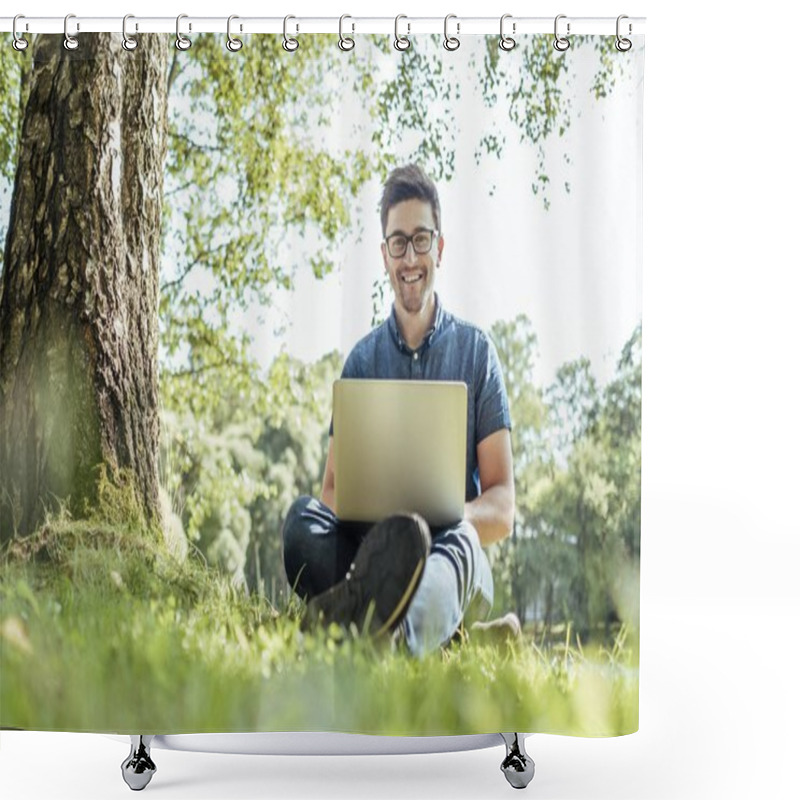 Personality  Young Man With Laptop Outdoor Sitting On The Grass Shower Curtains