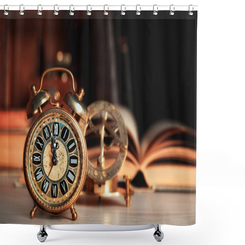 Personality  Vintage Alarm Clock Showing Five To Twelve On The Wooden Table In Study Room. Happy New Year 2017! This Image Is Toned. Shower Curtains