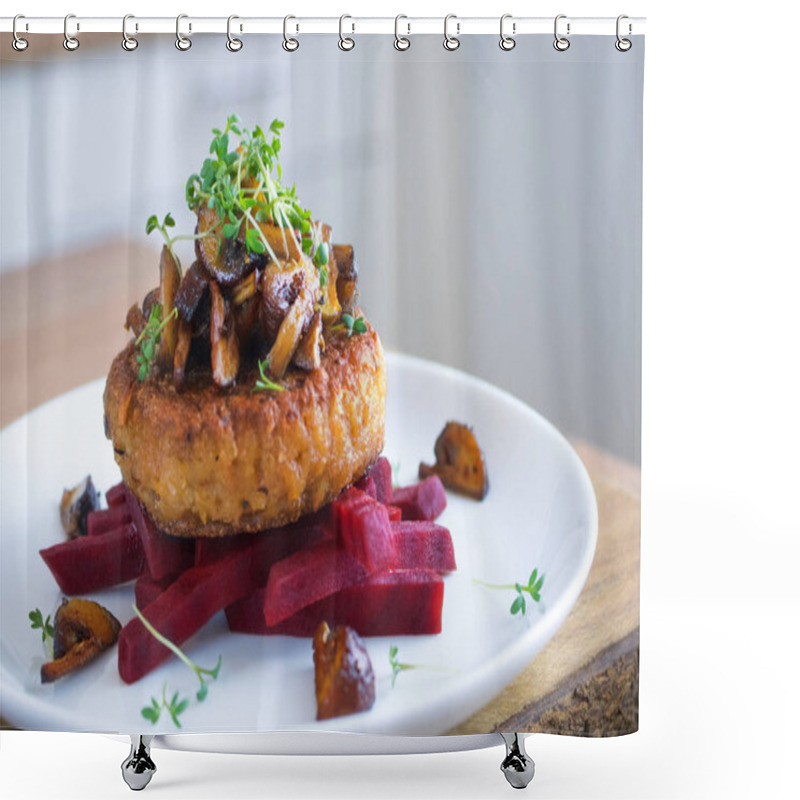 Personality  Food Photography Of The Traditional Danish Dish Frikadeller With Beets And Mushrooms Shower Curtains