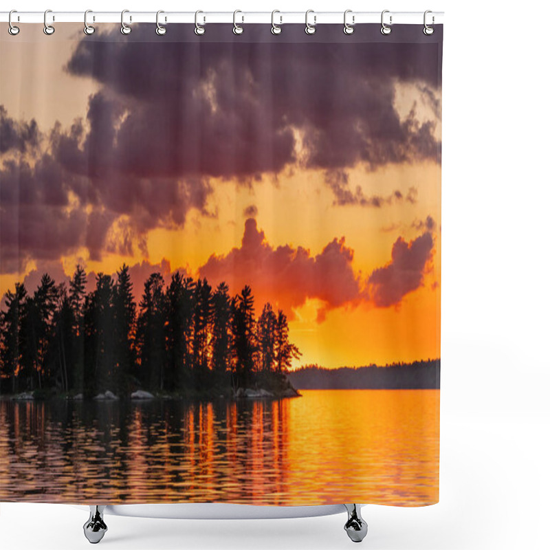 Personality  Orange Flow From Sunset Over Lake Shower Curtains