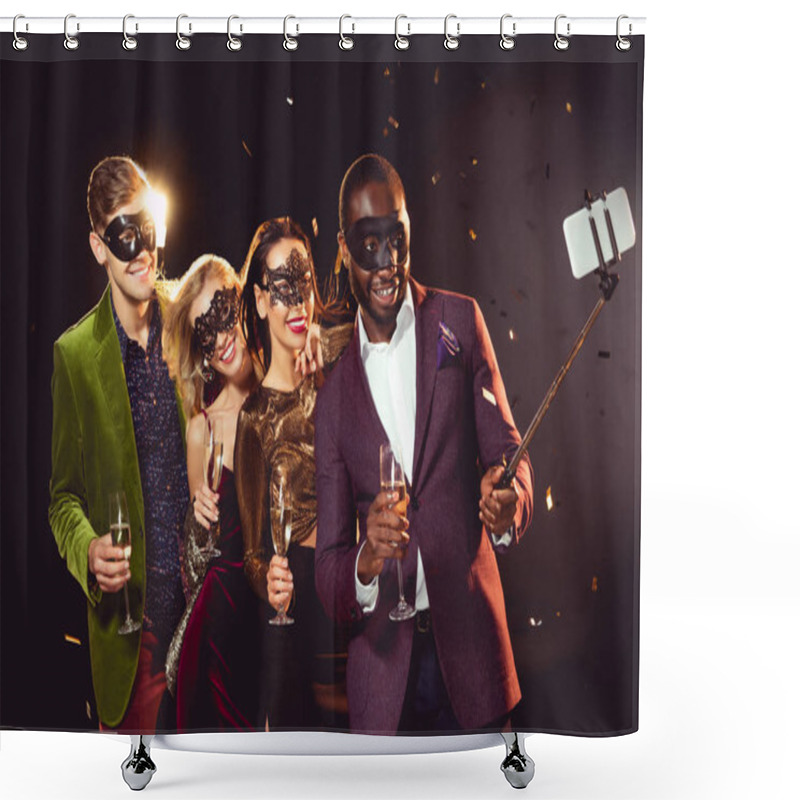 Personality  Happy Multiethnic Luxury Couples In Carnival Masks Taking Selfie On Smartphone Shower Curtains