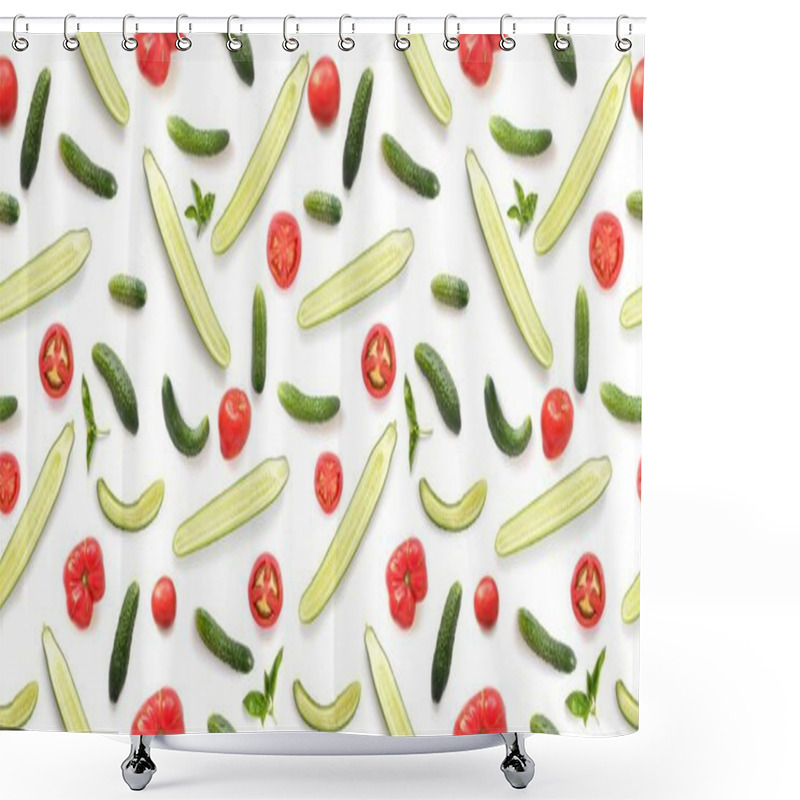 Personality  Seamless Pattern Of Fresh Tomatoes, Cucumbers And Green Basil Isolated On White Background, Top View Shower Curtains