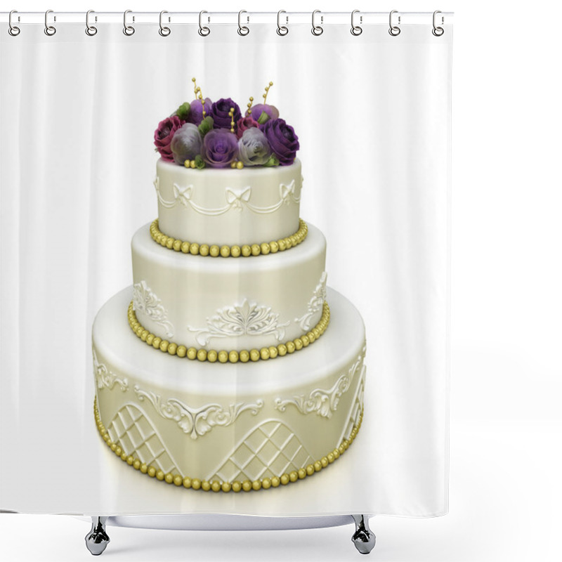 Personality  Multi-tiered Wedding Celebration Cake With Sugar Roses And Patterns. Isolated On White Background Shower Curtains