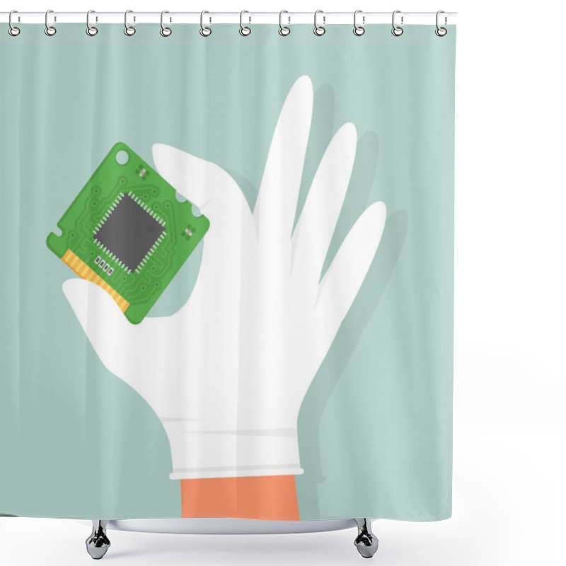 Personality  Green Electronic Microcircuit In Hand. The Microprocessor And Computer Chip Icon. Computer Component Central Processing Unit CPU. Service Center. Vector Illustration, Flat Style. Shower Curtains