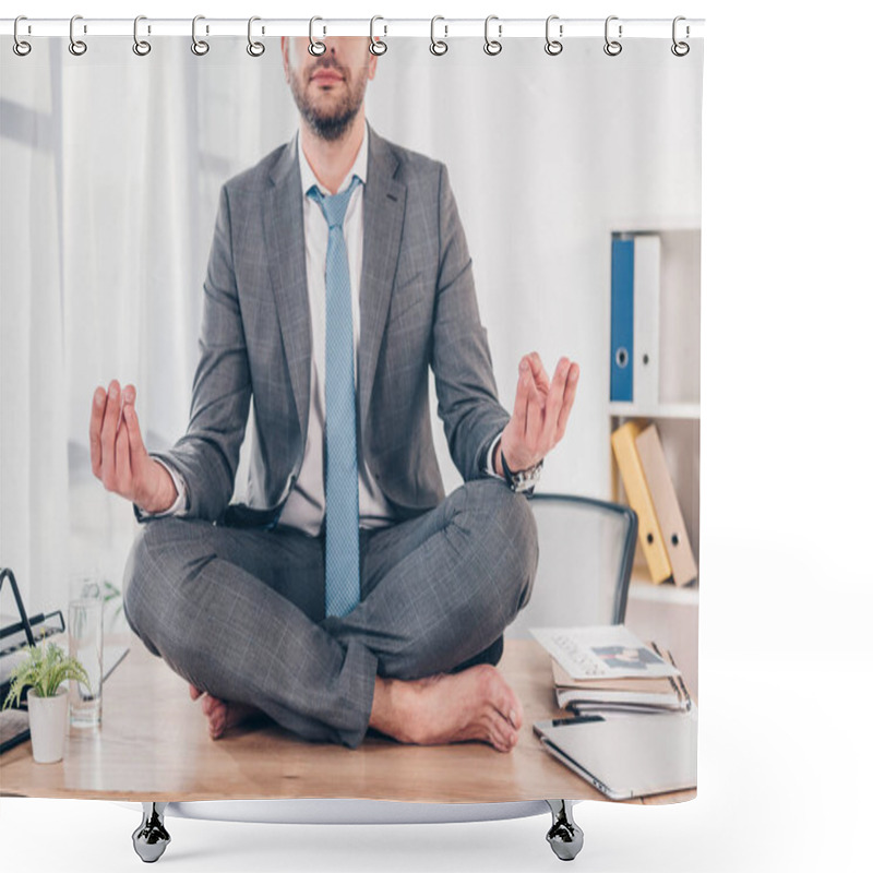 Personality  Partial View Of Businessman Meditating In Lotus Pose On Office Desk Shower Curtains