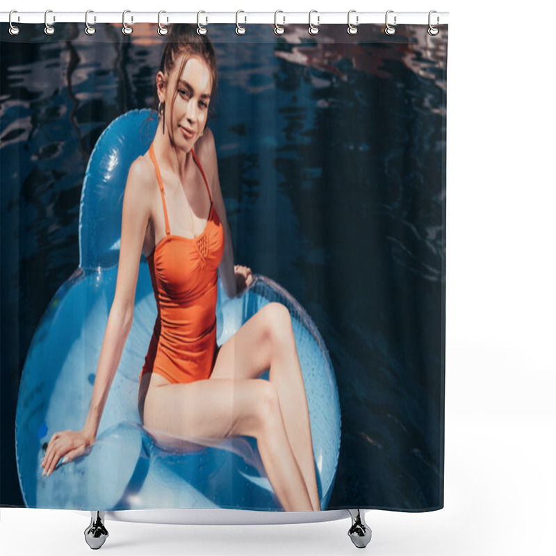 Personality  Attractive Young Woman Relaxing On Swim Ring In Swimming Pool And Smiling At Camera Shower Curtains