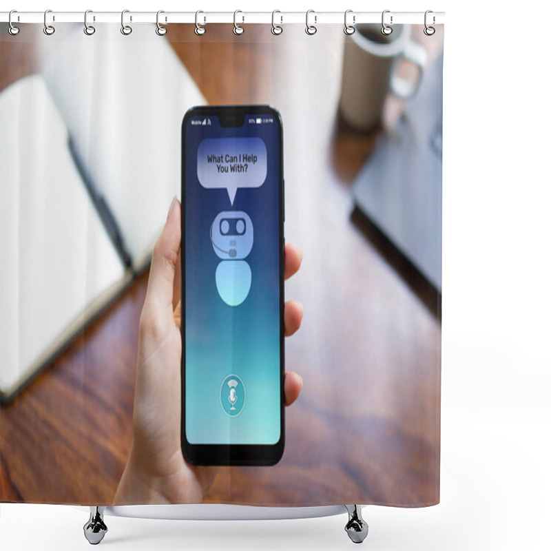 Personality  Customer And Chatbot Dialog On Smartphone Screen. AI. Artificial Intelligence And Service Automation Technology Concept. Shower Curtains