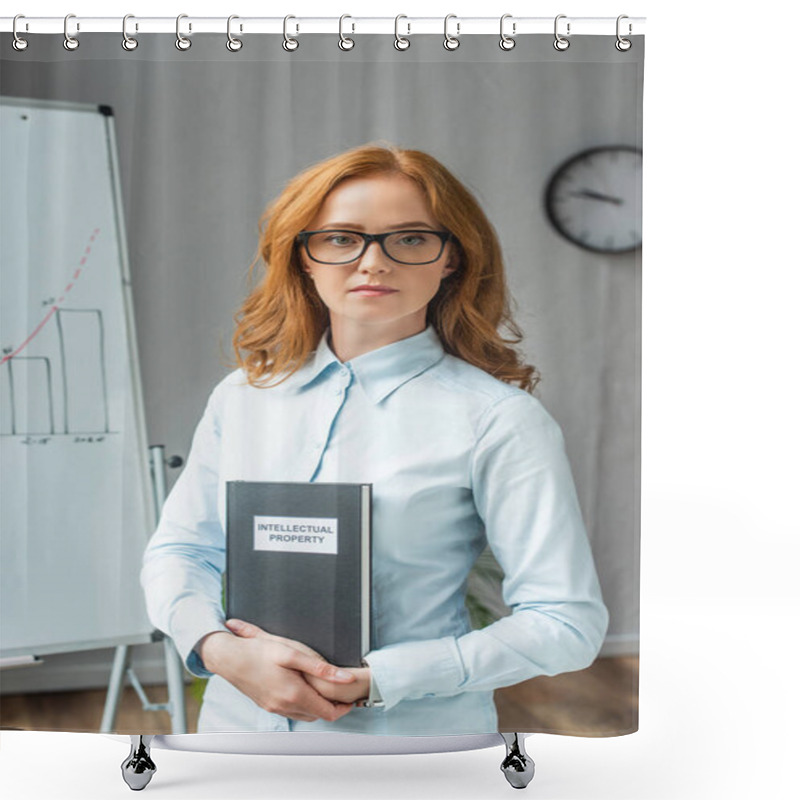 Personality  Confident Lawyer Holding Book With Intellectual Property Lettering, While Looking At Camera On Blurred Background Shower Curtains