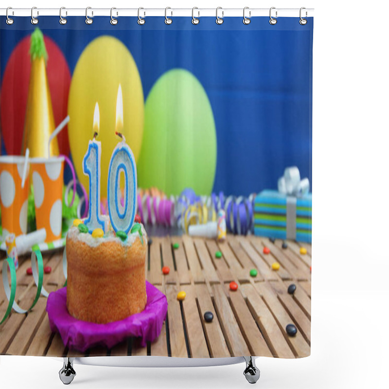 Personality  Birthday Cake With Candles On Rustic Wooden Table With Background Of Colorful Balloons, Gifts, Plastic Cups And Candies With Blue Wall In The Background. Focus Is On Cake Shower Curtains