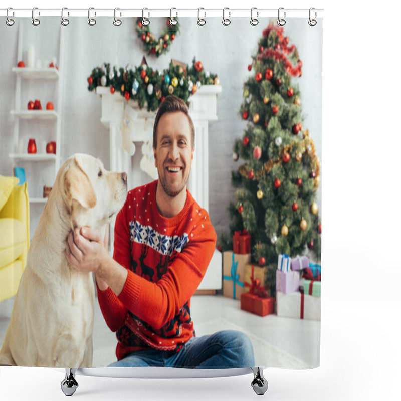 Personality  Cheerful Man In Red Sweater Cuddling Labrador Near Christmas Tree Shower Curtains