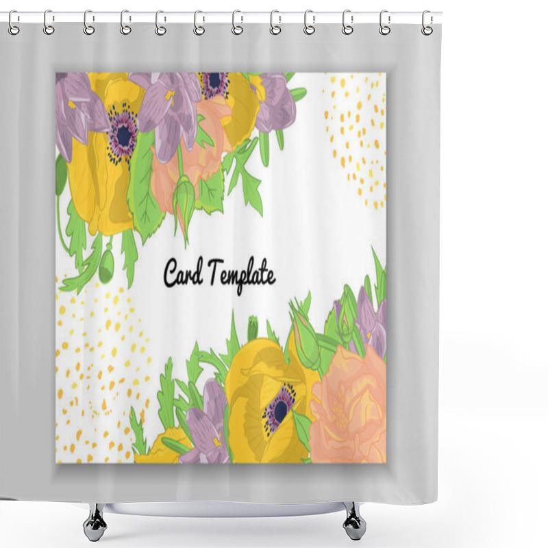 Personality  Rectangular Card With Frame Of Hand Drawn Rose, Crocus And Poppy Flowers Arrangement. Greeting Card Template. Vector Shower Curtains