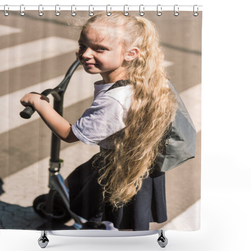 Personality  High Angle View Of Beautiful Little Schoolgirl With Long Curly Hair Riding Scooter And Looking At Camera Shower Curtains