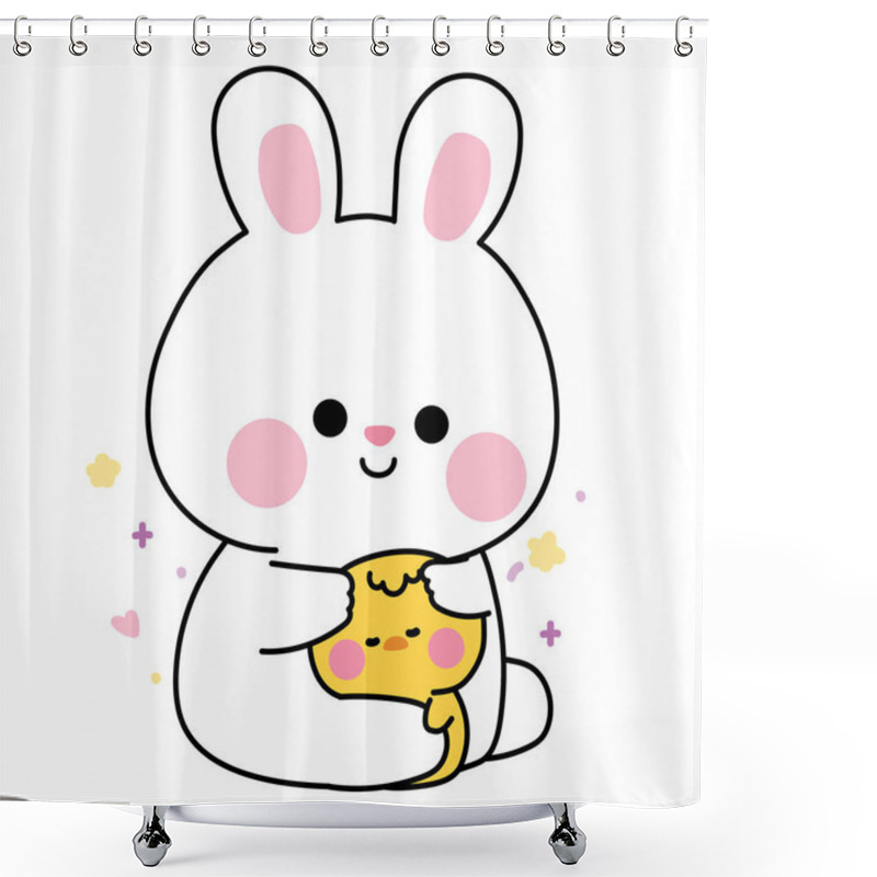 Personality  Cute Rabbit Bunny Doll Hug Tiny Chicken With Heart And Star.Rodent And Farm Bird Animal Character Cartoon Design.Image For Sticker,baby Clothing,stationary.Kawaii.Vector.Illustration. Shower Curtains