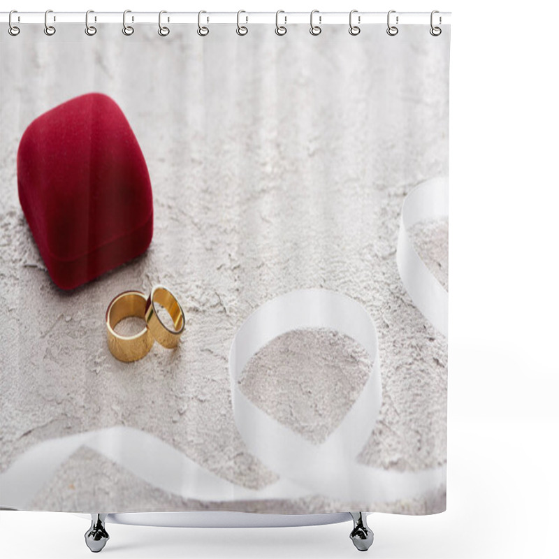 Personality  Golden Rings Near Red Gift Box And White Ribbon On Textured Surface Shower Curtains