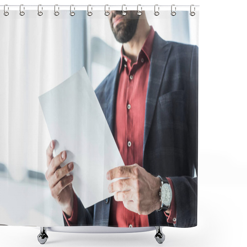 Personality  Cropped Shot Of Young Businessman Reading Business Document Shower Curtains