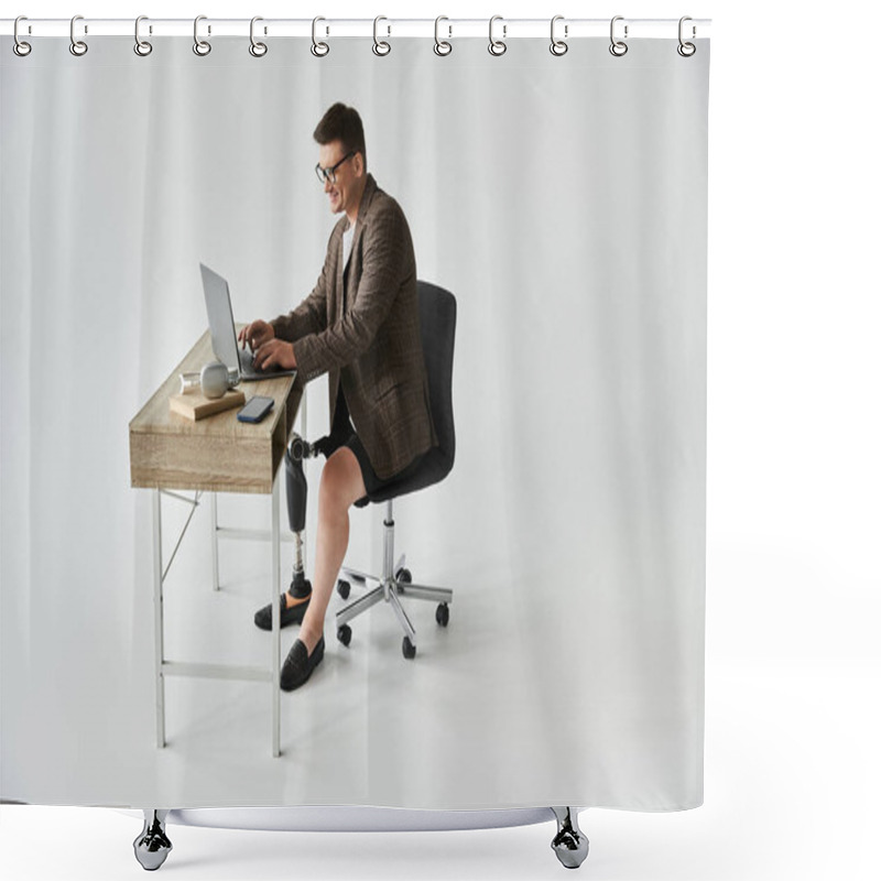 Personality  Handsome Young Man Smiling While Using Laptop At A Stylish Desk In A Well Lit Workspace Shower Curtains