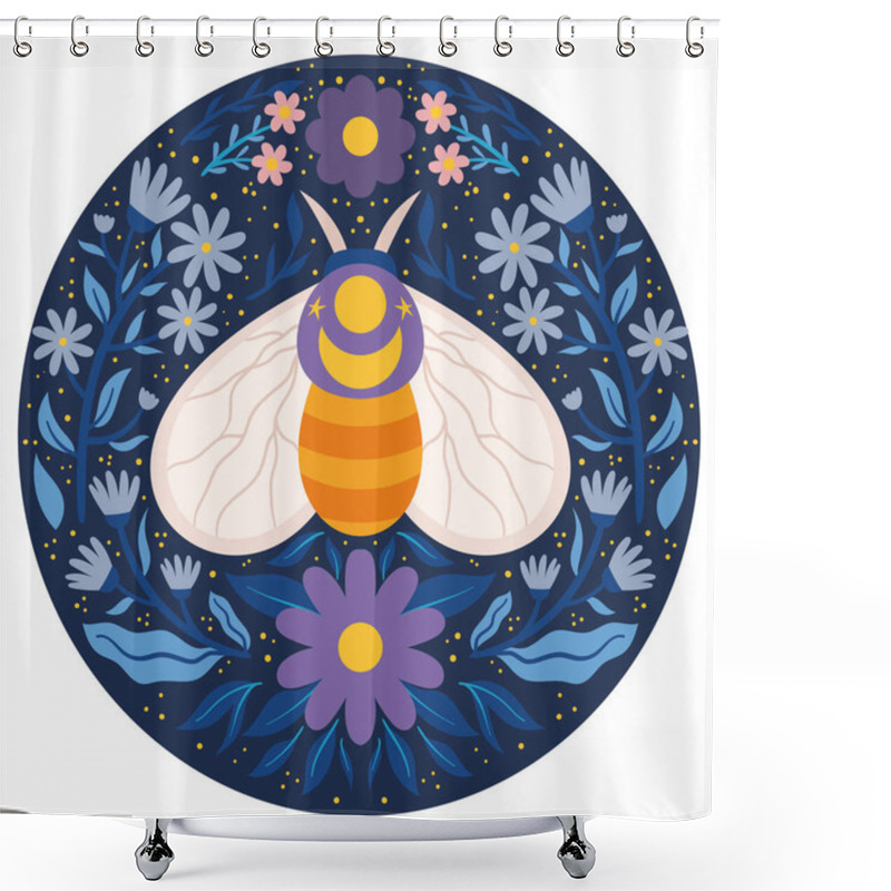 Personality  Whimsical Moth With Floral And Celestial Elements. Decorative Moth Illustration Surrounded By Flowers And Stars In A Circular Design, Vibrant And Colorful. Shower Curtains