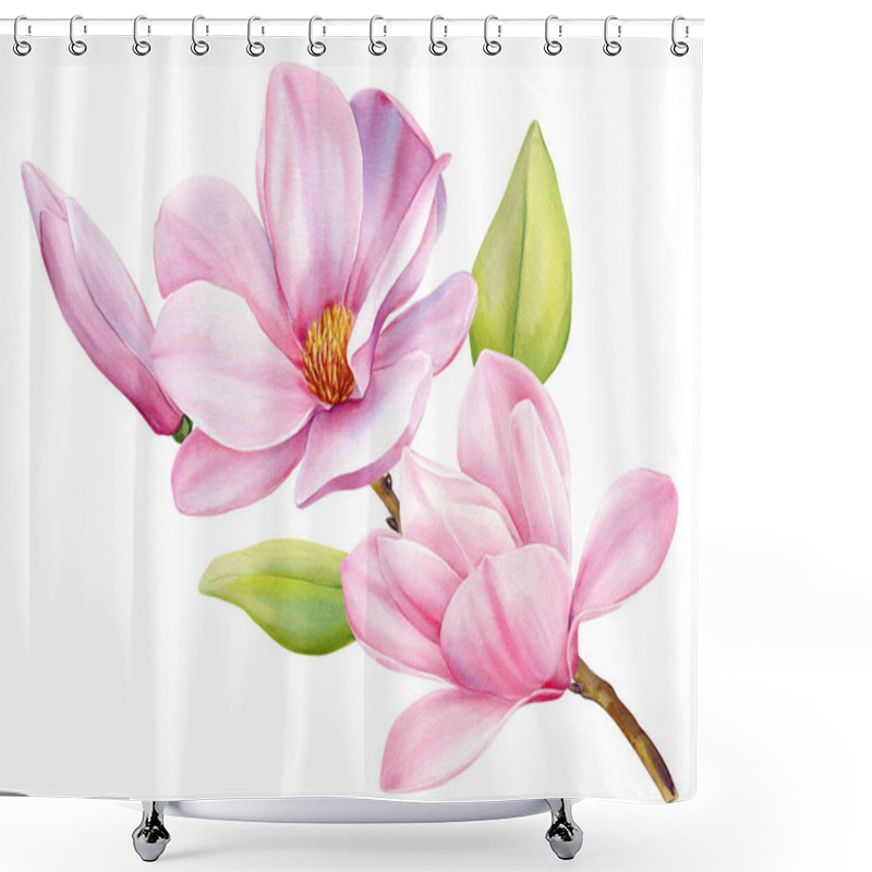 Personality  Watercolor Magnolia Flower. Pink Magnolia Flowers On A Tree Branch Isolated On White. Hand Drawing Botanical Painting. High Quality Illustration Shower Curtains