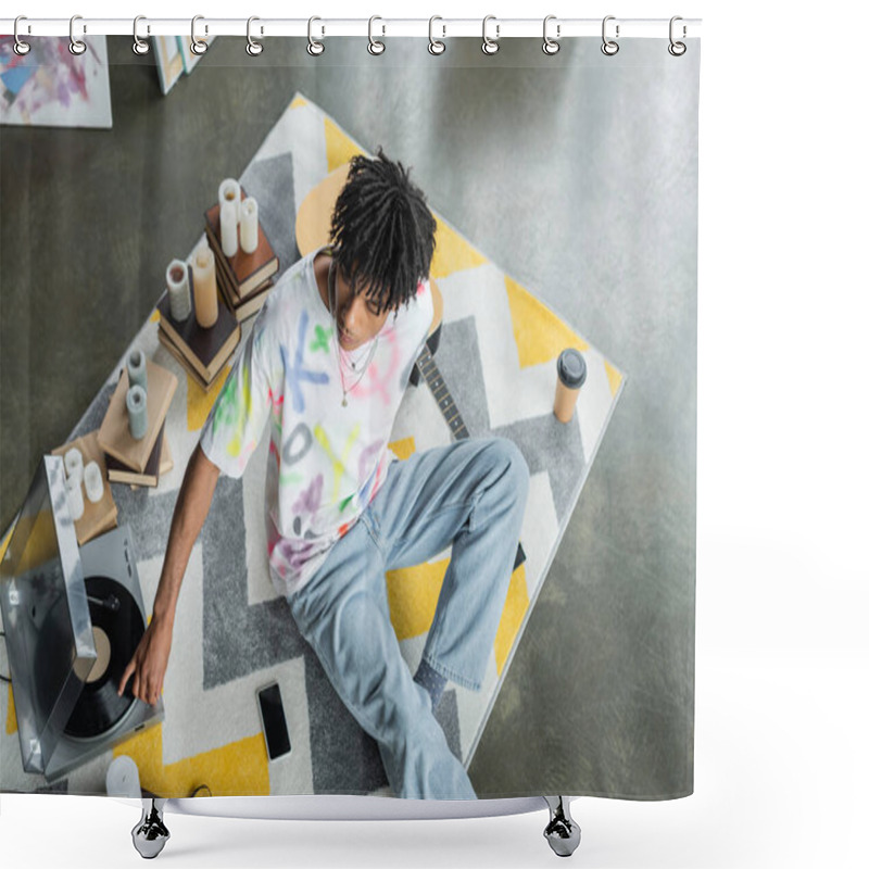 Personality  Overhead View Of African American Artist Using Record Player Near Books And Smartphone In Studio  Shower Curtains