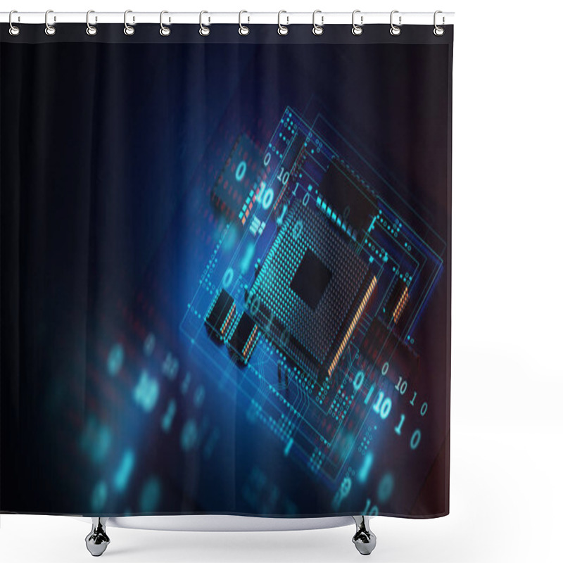 Personality  3d Rendering  Of Futuristic Blue Circuit Board And Cpu Shower Curtains