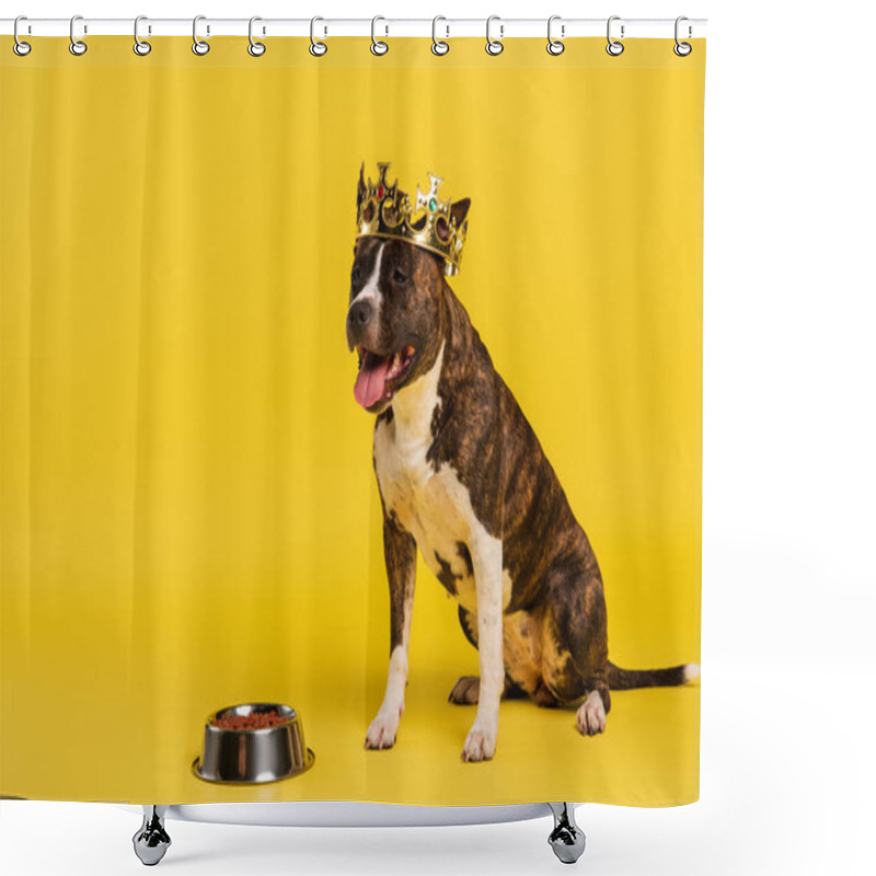 Personality  Purebred Staffordshire Bull Terrier In Crown Sitting Near Bowl With Pet Food On Yellow  Shower Curtains