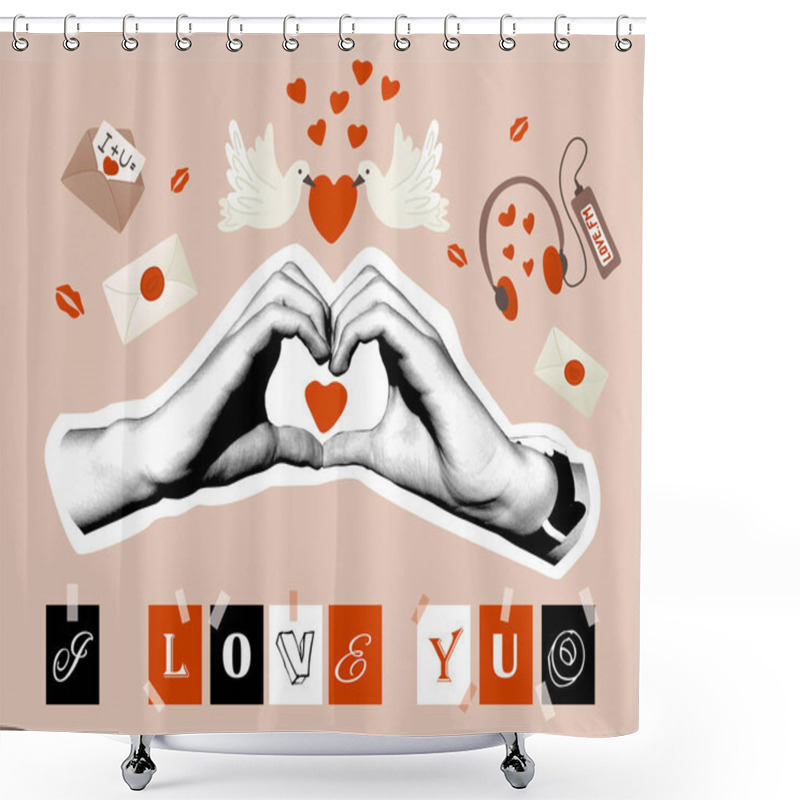 Personality  Romantic Valentine Collage With Hands Forming Heart, Doves, Love Letters, Headphones, And I Love You Text In Creative And Modern Design With Warm Tones. Vector Mix Media Greeting Card Shower Curtains