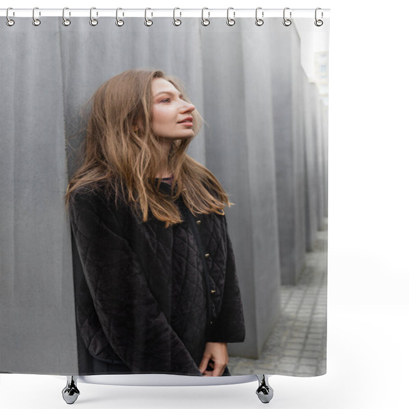 Personality  Fair Haired Relaxed  Woman In Jacket Standing Between Memorial To Murdered Jews Of Europe In Berlin Shower Curtains