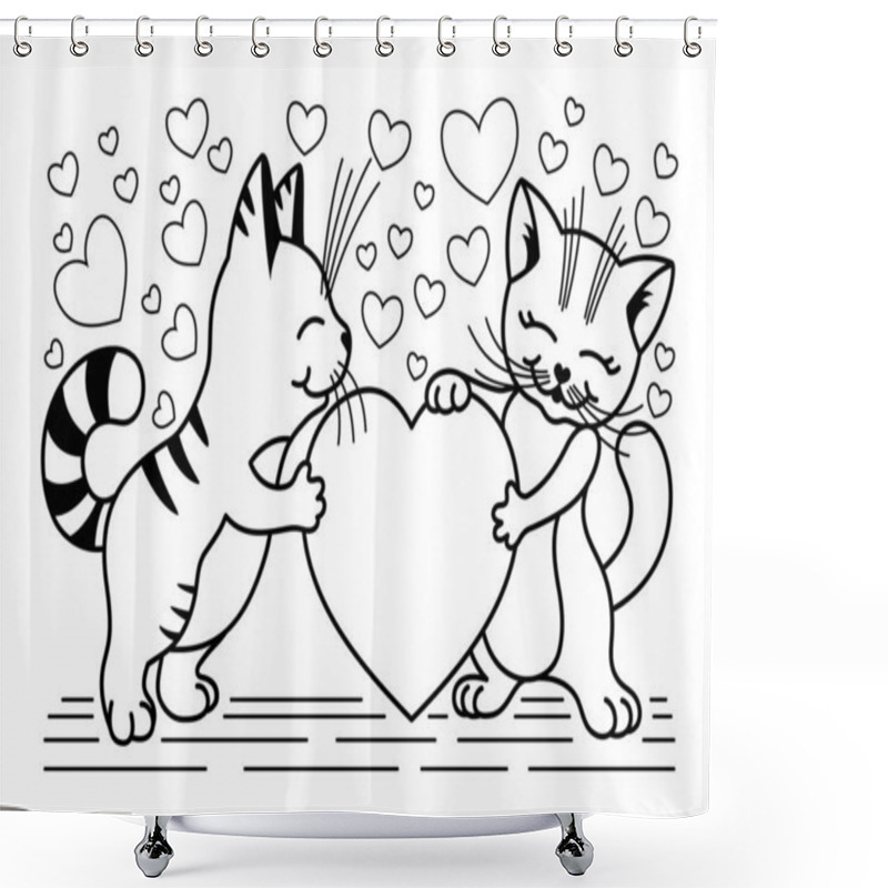 Personality  Contour Romantic Illustration With Cats And Love Hearts On White Background. Shower Curtains