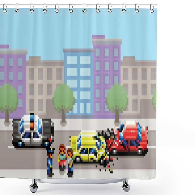 Personality  City Car Collision, Police Car And People Pixel Art Game Style Illustration Shower Curtains