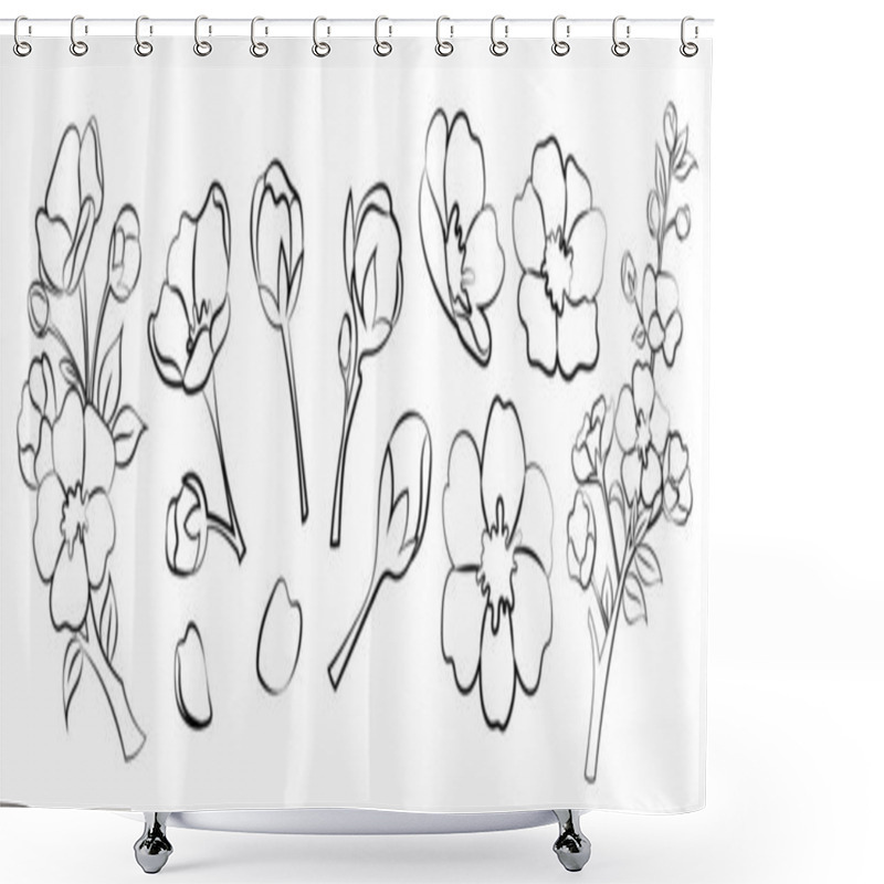 Personality  Set Black And White Line Illustrations Sakura Flowers And Branches. Cherry Blossom Festival. Line Art. Hanami. Shower Curtains