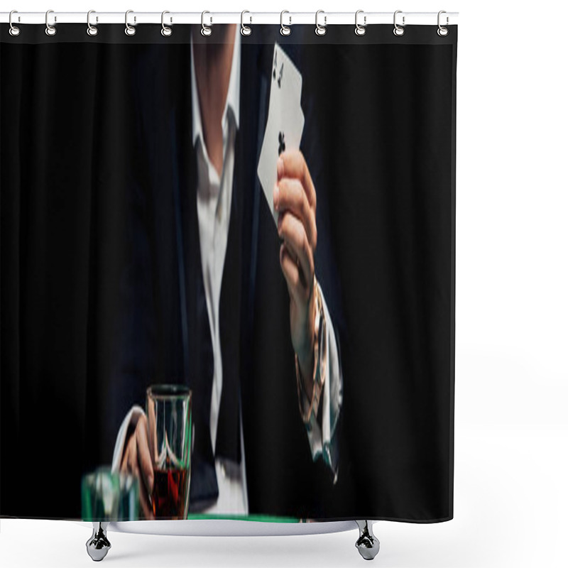 Personality  KYIV, UKRAINE - AUGUST 20, 2019: Panoramic Shot Of Man Holding Playing Cards Isolated On Black  Shower Curtains