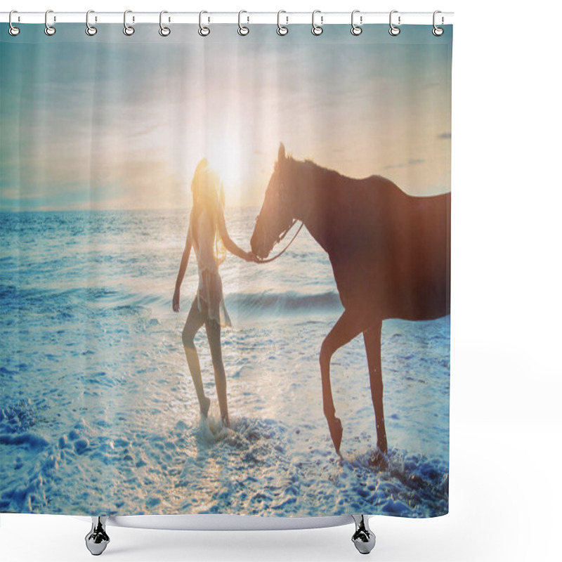 Personality  Pretty Lady Walking With The Majestic Horse Shower Curtains