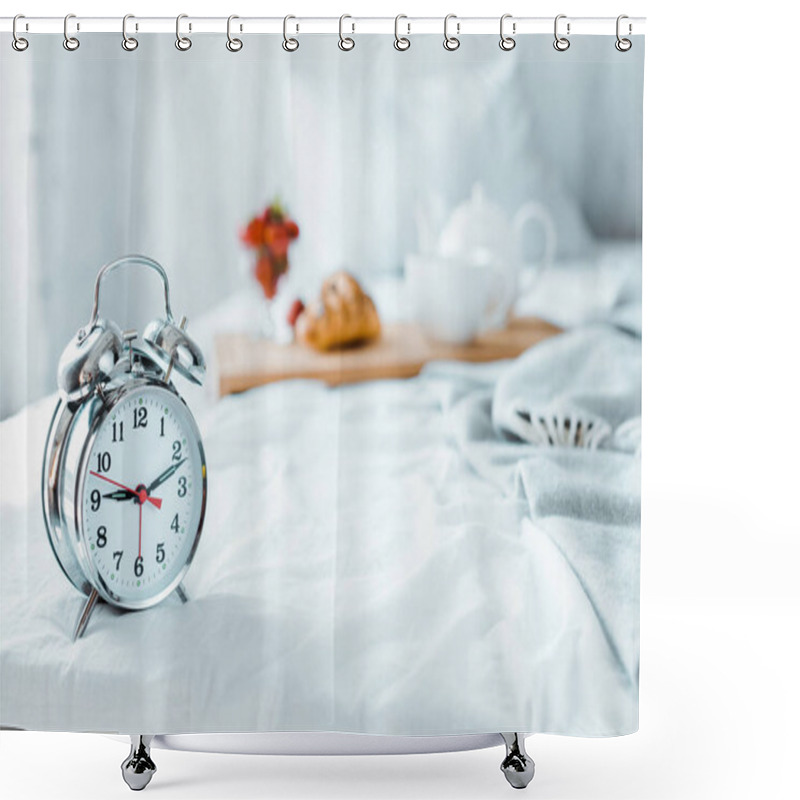 Personality  Close-up View Of Alarm Clock And Tasty Breakfast On Bed Shower Curtains