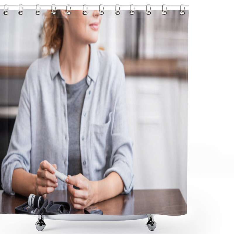 Personality  Cropped View Of Cheerful Woman Holding Blood Lancet  Shower Curtains