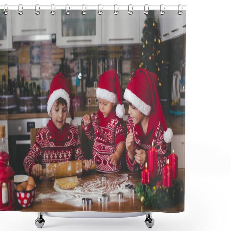 Personality  Sweet Toddler Child And His Older Brother, Boys, Helping Mommy Preparing Christmas Cookies At Home In Kitchen Shower Curtains