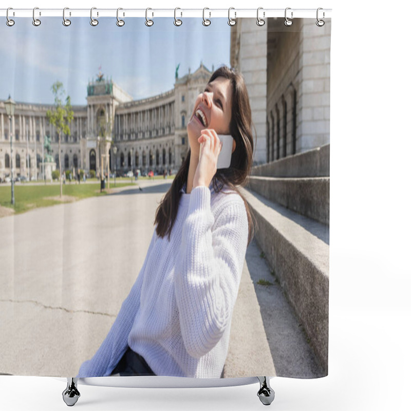 Personality  Brunette Woman Talking On Smartphone While Laughing Outside Shower Curtains