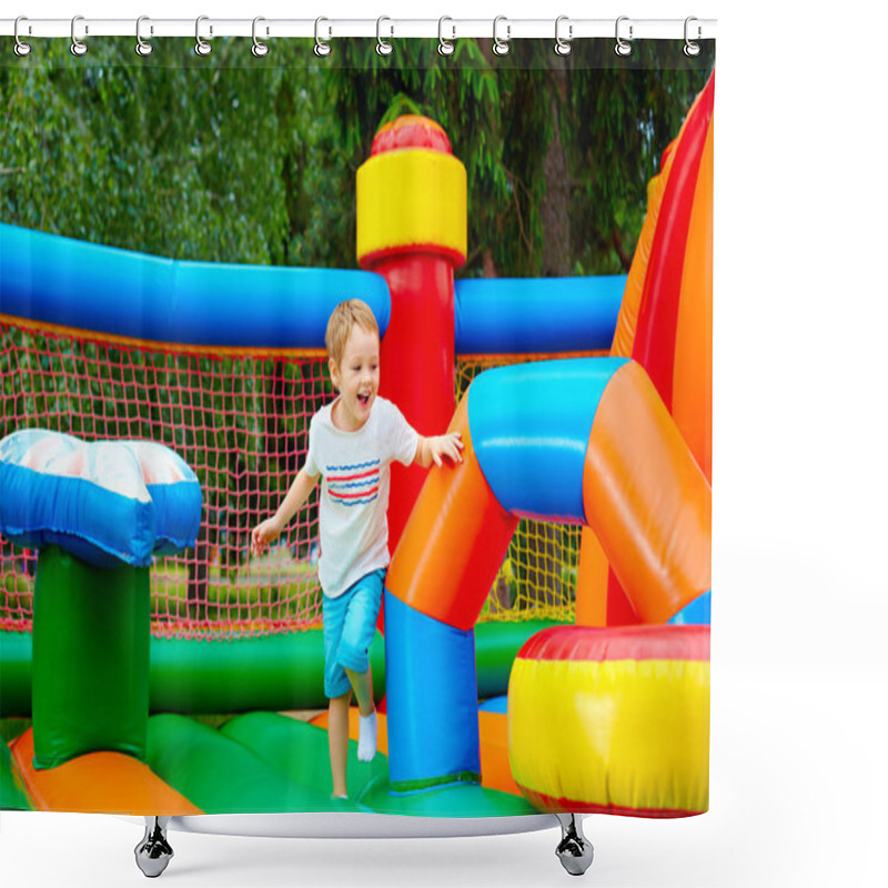 Personality  Happy Excited Boy Having Fun On Inflatable Attraction Playground Shower Curtains