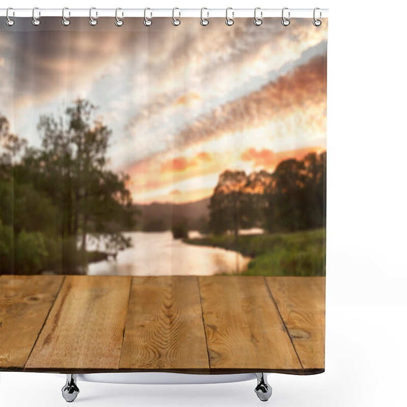 Personality  Old Wooden Table Or Walkway By Lake Shower Curtains