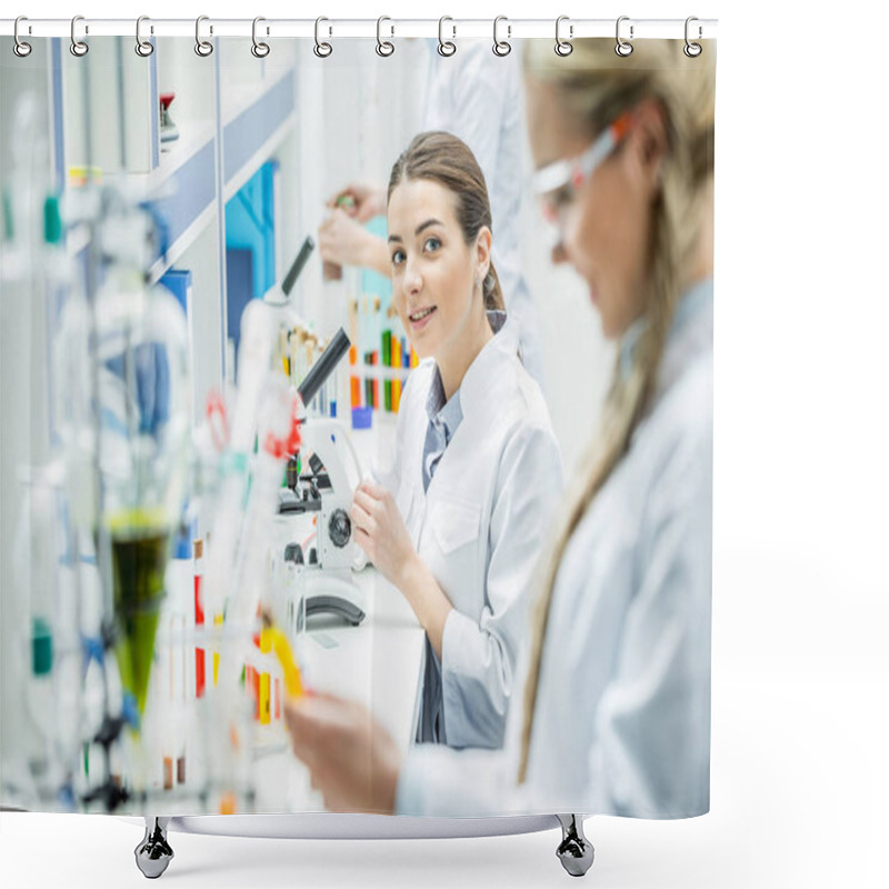 Personality  Scientist Working With Microscope Shower Curtains