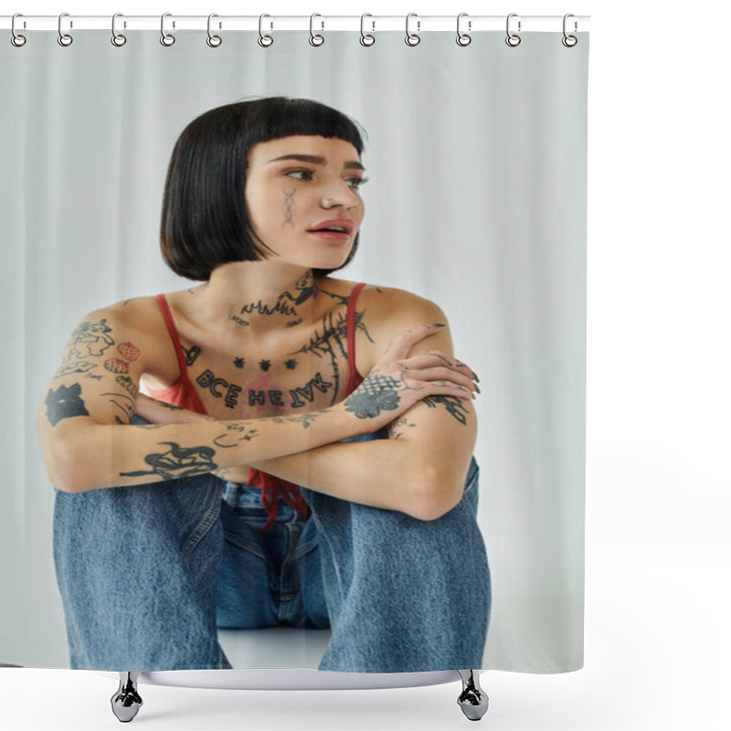 Personality  A Fashionable Woman Showcases Her Unique Tattoos And Vibrant Style. Shower Curtains