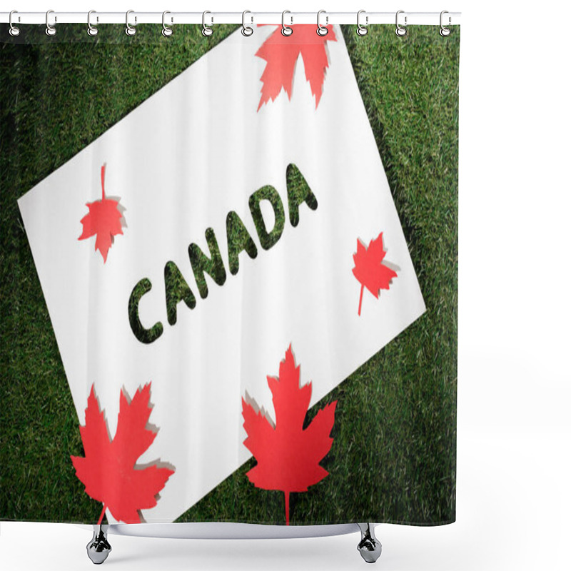 Personality  White Board With Cut Out Word 'canada' On Green Grass Background With Maple Leaves  Shower Curtains