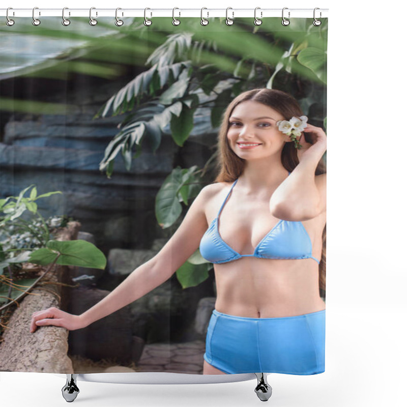 Personality  Attractive Young Woman In Blue Bikini With Flower In Hair Posing In Tropical Garden Shower Curtains