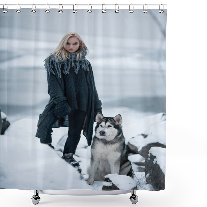 Personality  Girl With Dog Malamute Among Rocks In Winter.  Shower Curtains