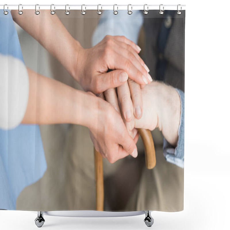 Personality  Cropped View Of Woman Holding Hands With Senior Man Shower Curtains