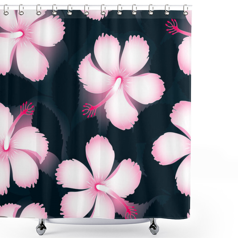 Personality  Pink And White Tropical Flowers On Dark Leaves Seamless Pattern Shower Curtains